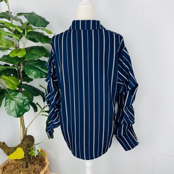 MARONIE BLUE & White Striped Collar Scrunch Long Sleeve Button Down Collar Top - Picture 3 of 7